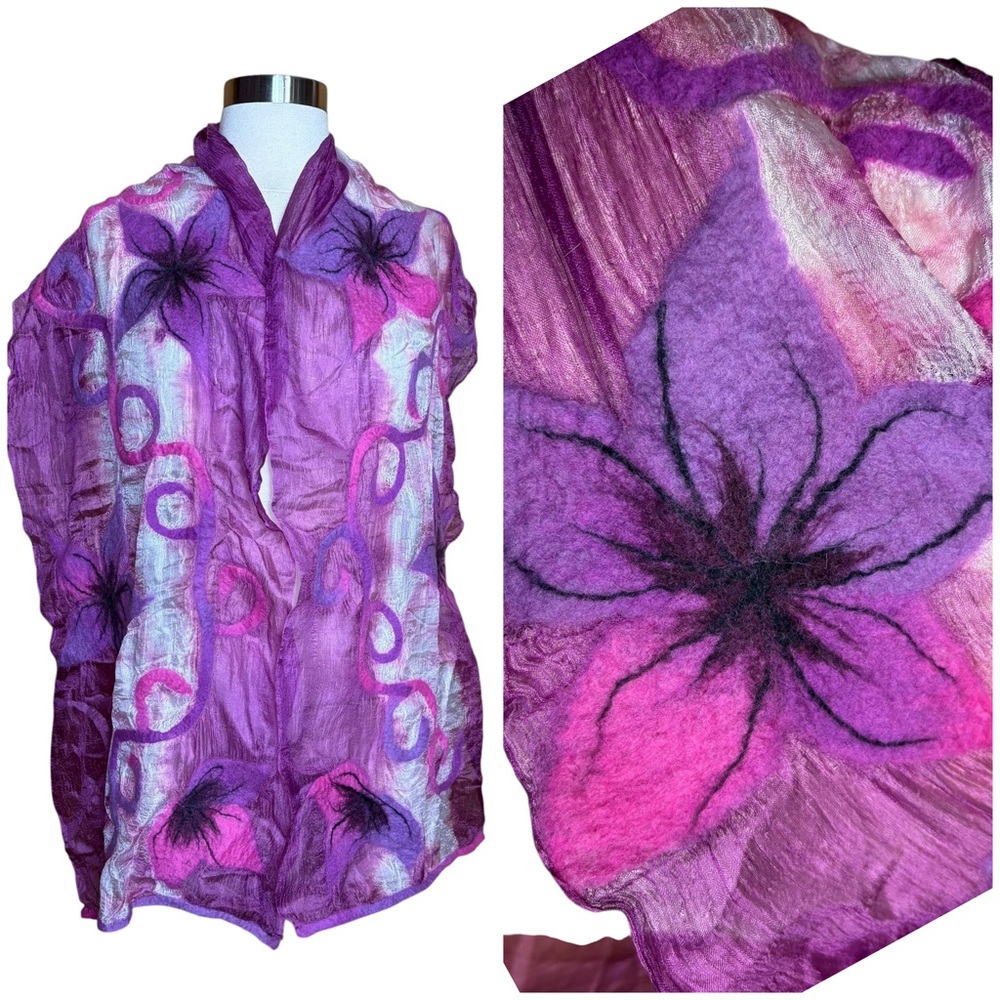 Handmade Wool Felted Silk Whimsical Fairycore Floral Sheer Flowy Purple Scarf